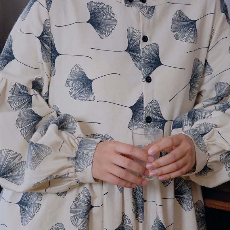 Brushed Cotton Ginkgo Leaf Button Nightgown