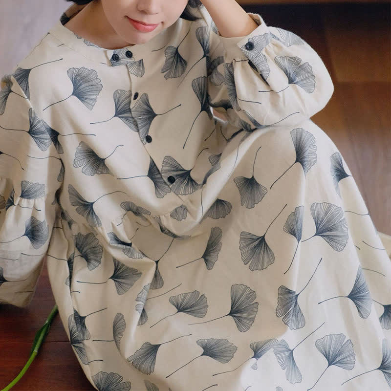 Brushed Cotton Ginkgo Leaf Button Nightgown
