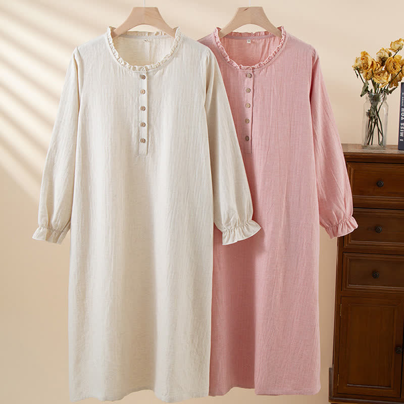 Simple Ruffled Cotton Linen Button Nightgown