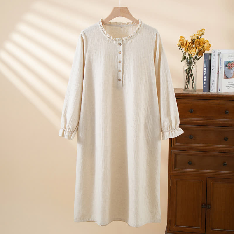 Simple Ruffled Cotton Linen Button Nightgown