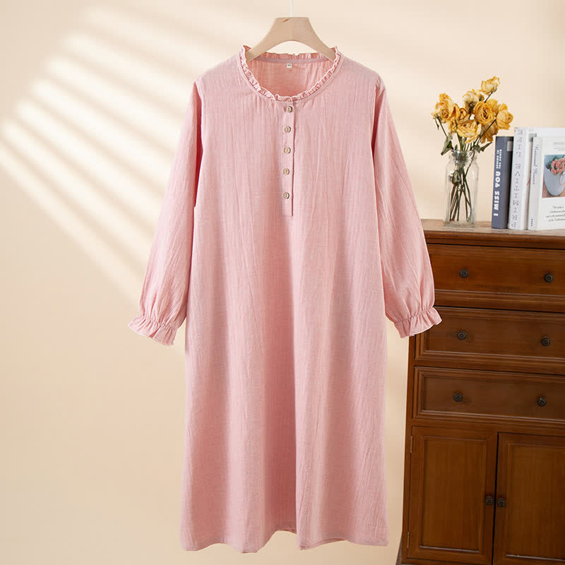 Simple Ruffled Cotton Linen Button Nightgown