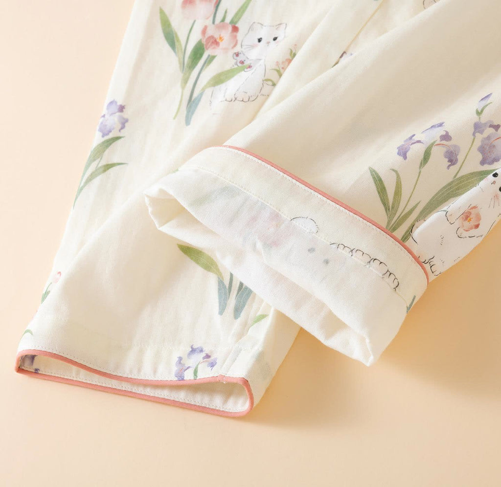 Cotton Gauze Floral Cat Kimono Pajamas
