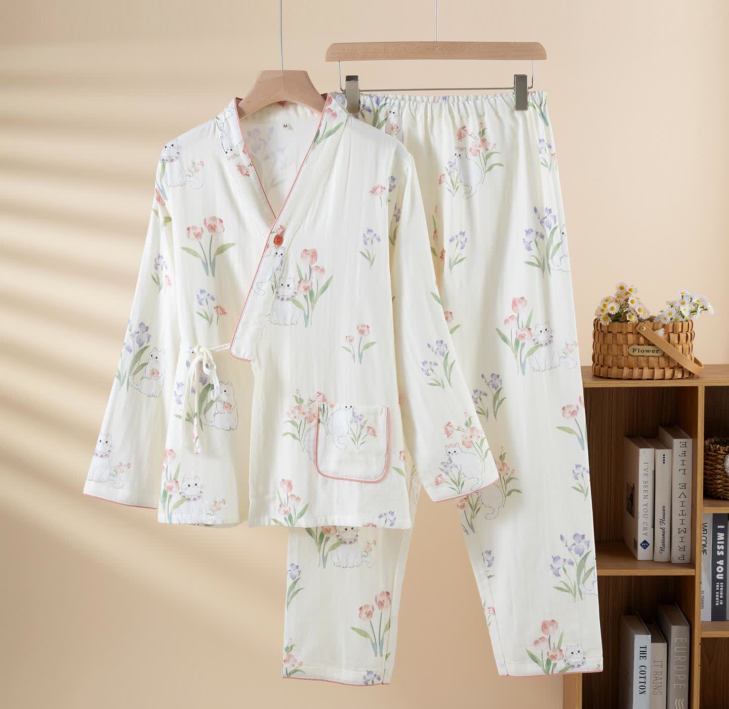 Cotton Gauze Floral Cat Kimono Pajamas
