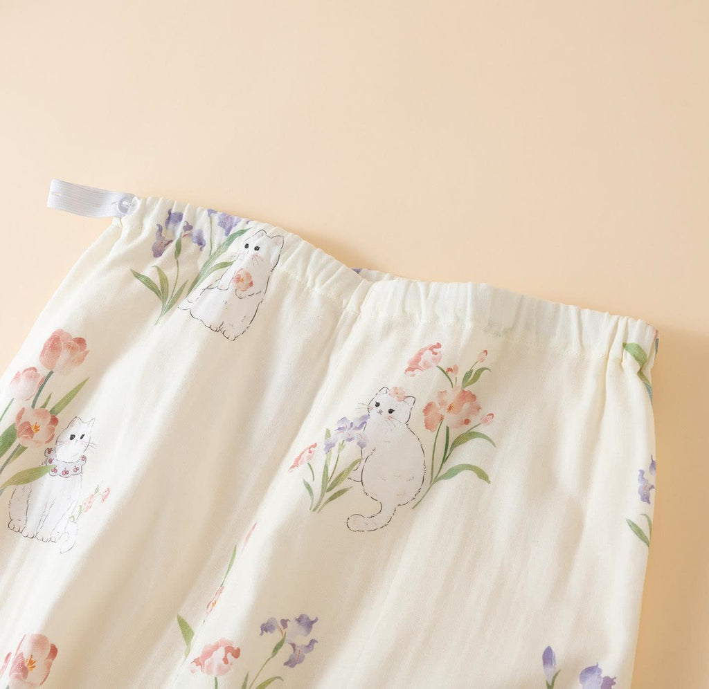 Cotton Gauze Floral Cat Kimono Pajamas