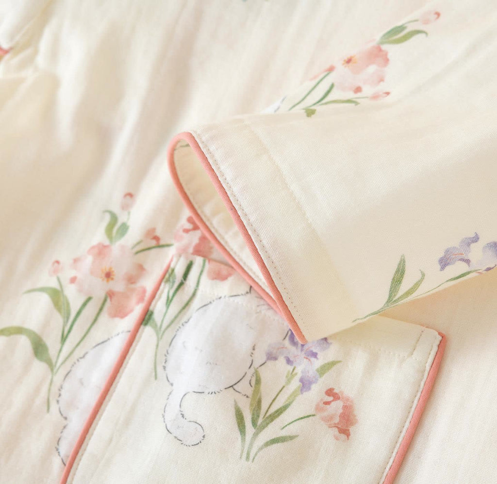 Cotton Gauze Floral Cat Kimono Pajamas