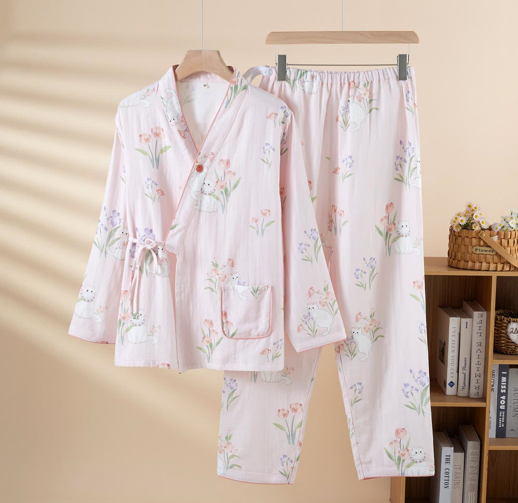 Cotton Gauze Floral Cat Kimono Pajamas