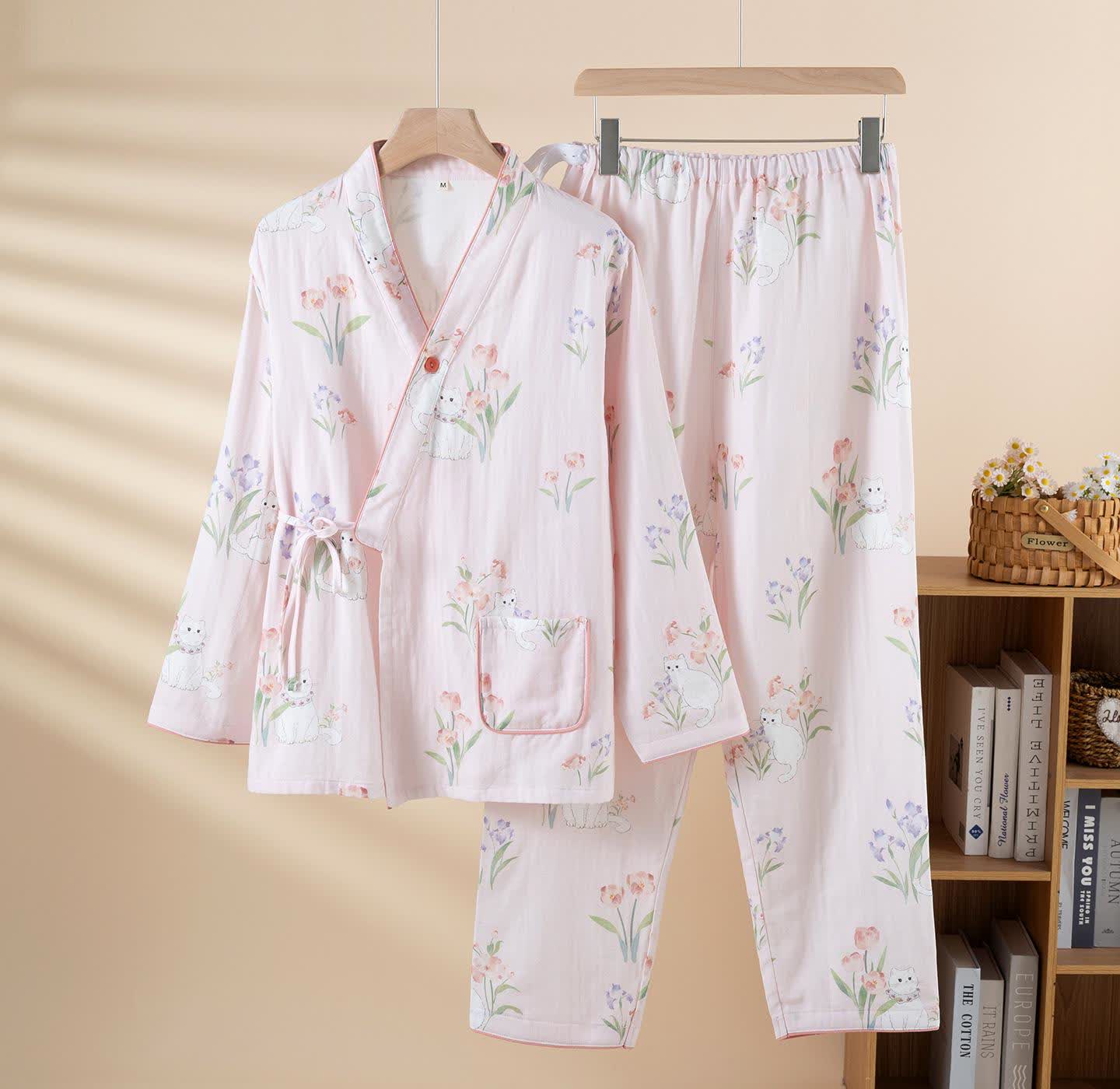 Cotton Gauze Floral Cat Kimono Pajamas