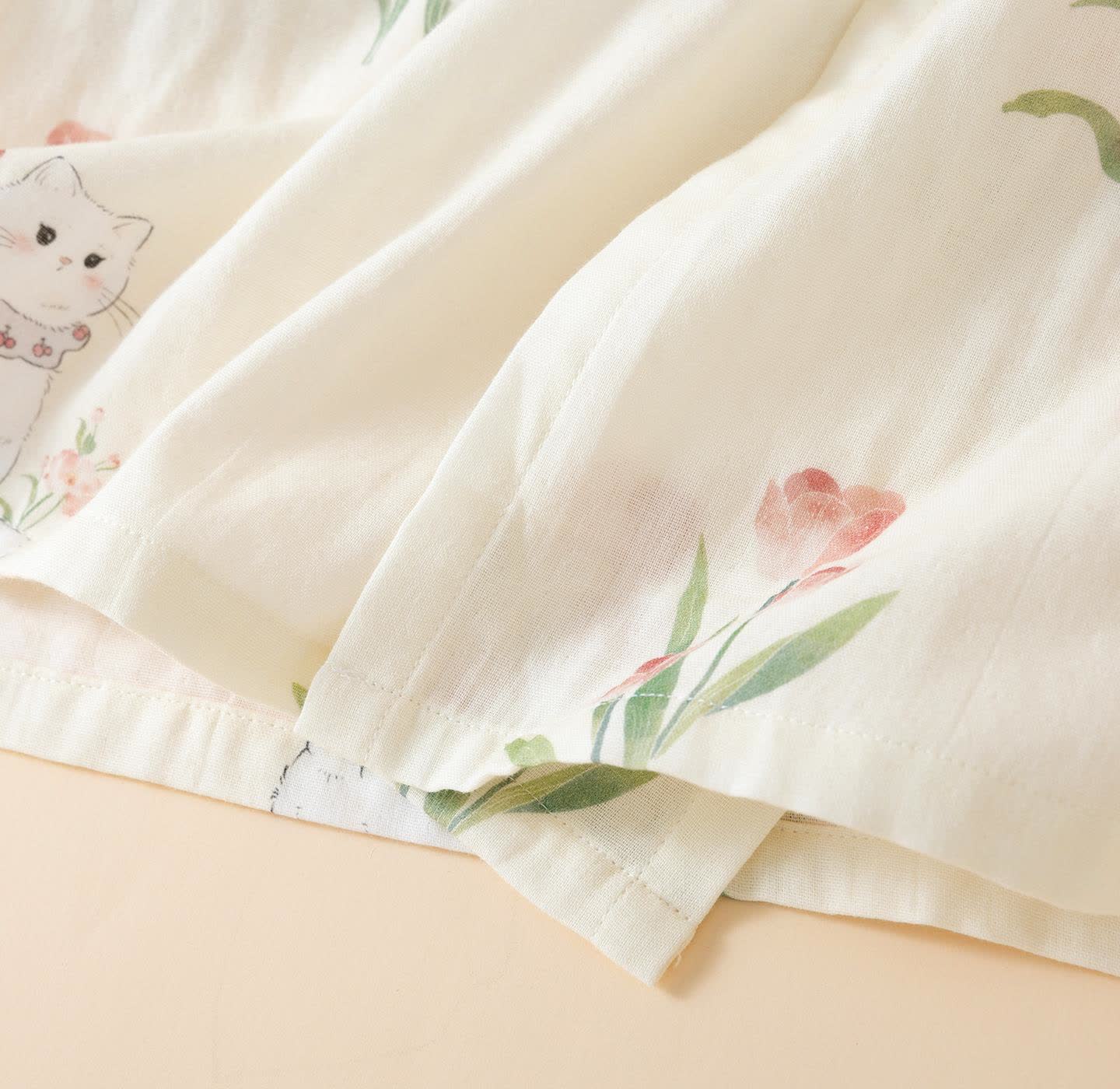 Cotton Gauze Floral Cat Kimono Pajamas