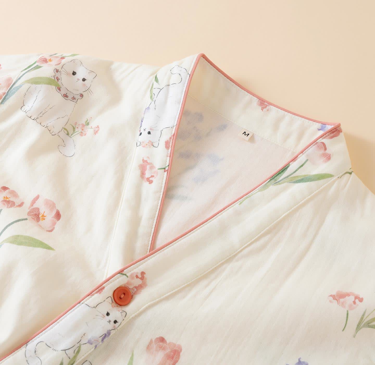 Cotton Gauze Floral Cat Kimono Pajamas
