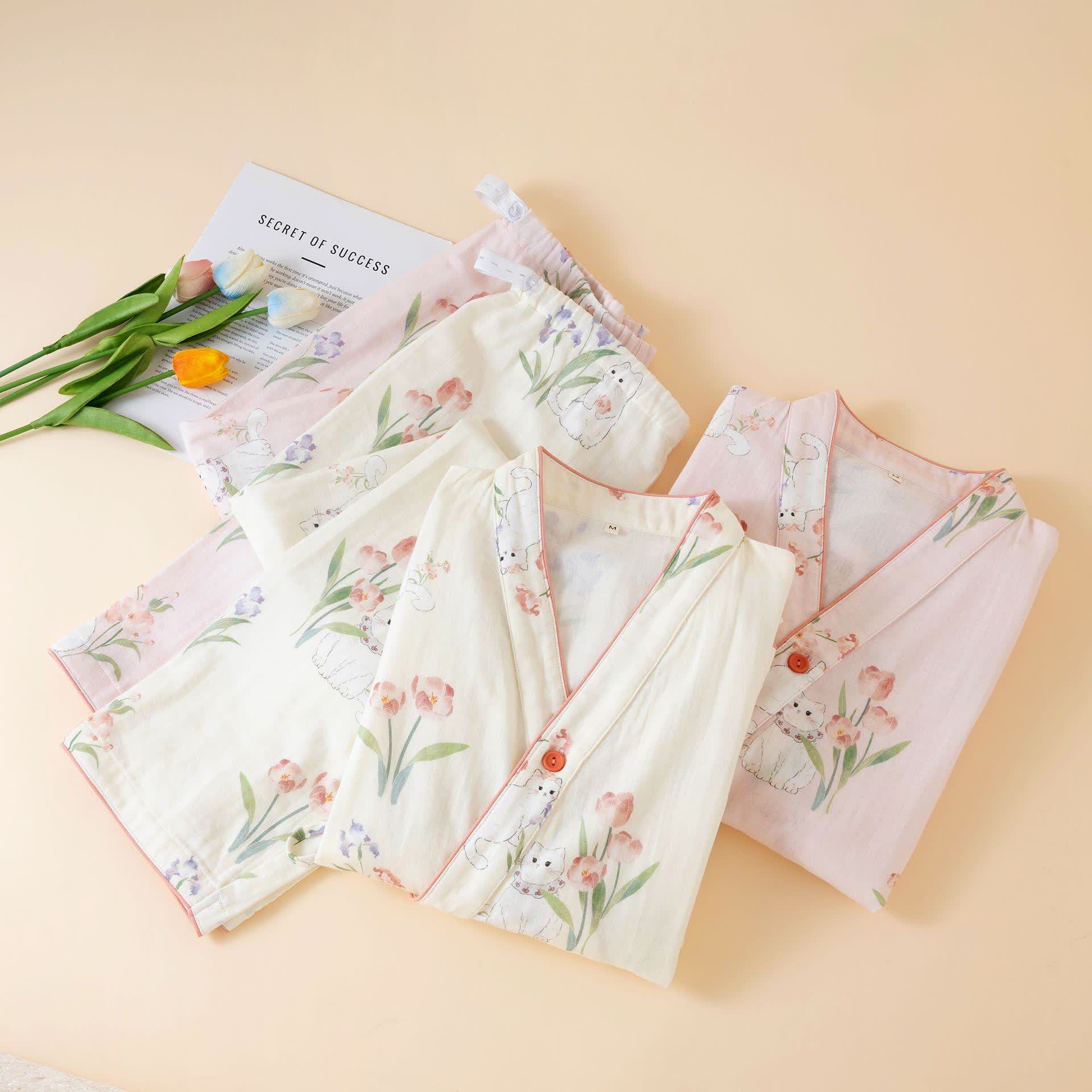 Cotton Gauze Floral Cat Kimono Pajamas