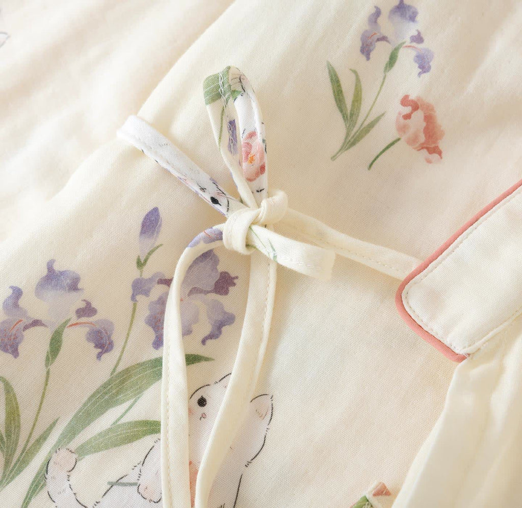 Cotton Gauze Floral Cat Kimono Pajamas