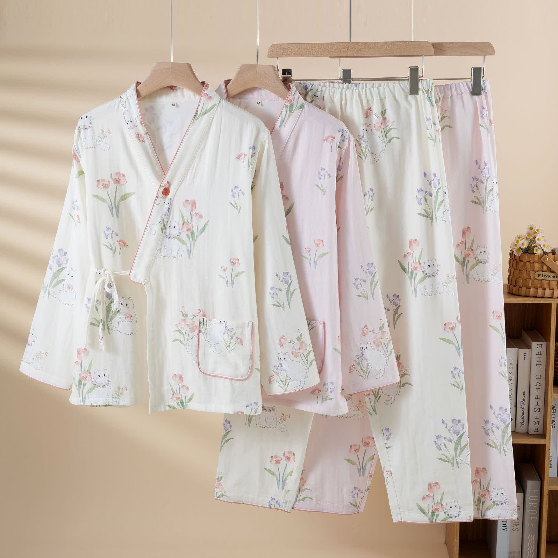 Cotton Gauze Floral Cat Kimono Pajamas