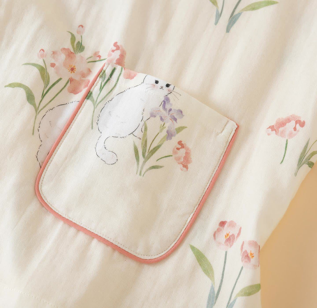 Cotton Gauze Floral Cat Kimono Pajamas