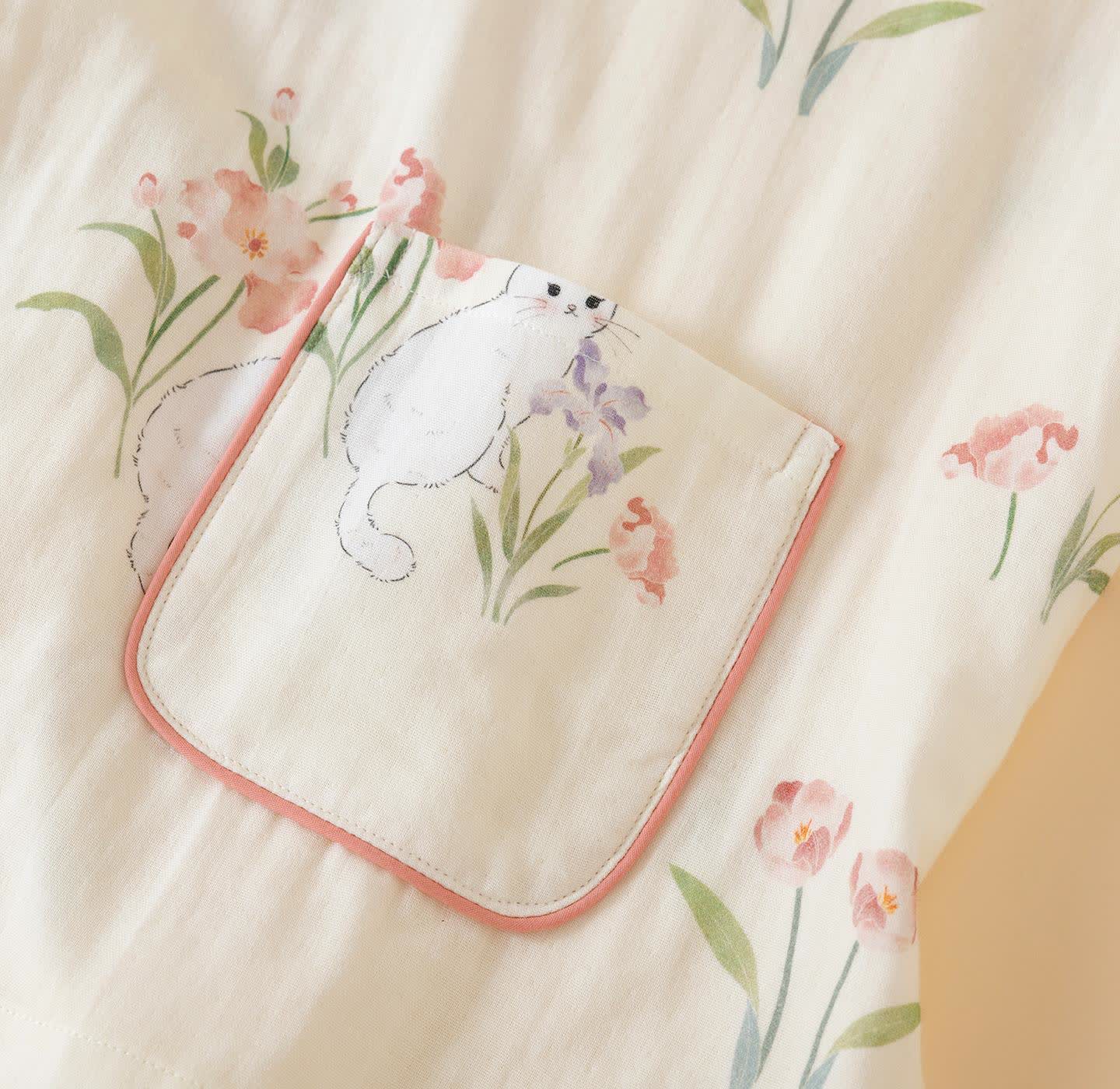Cotton Gauze Floral Cat Kimono Pajamas