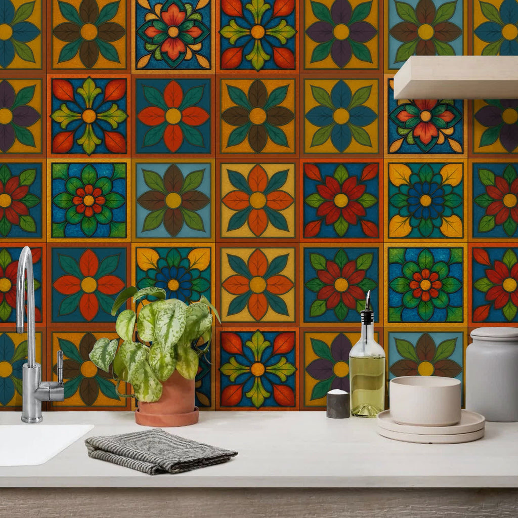 PET Foam Colorful Floral Tile Wall Decals