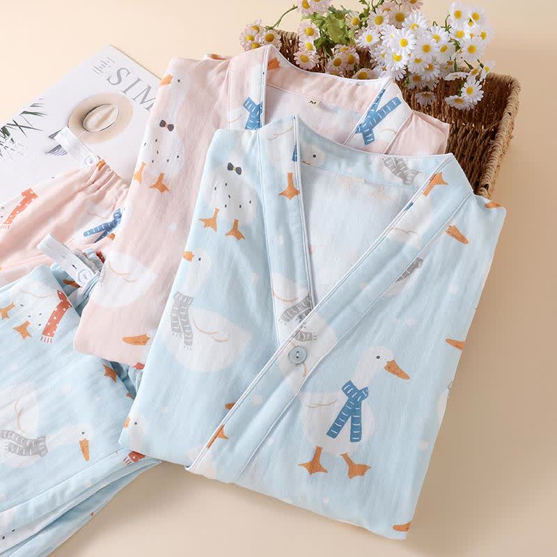 Cotton Gauze Cartoon Goose Kimono Pajamas