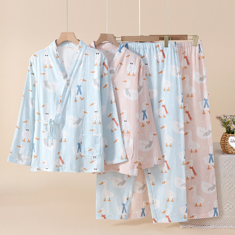 Cotton Gauze Cartoon Goose Kimono Pajamas