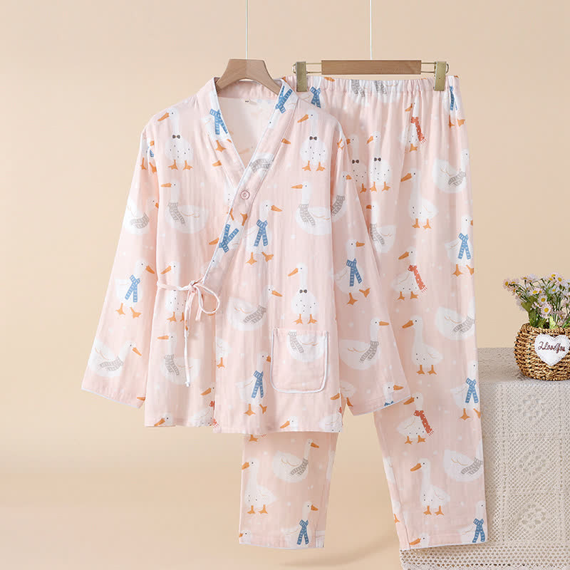 Cotton Gauze Cartoon Goose Kimono Pajamas