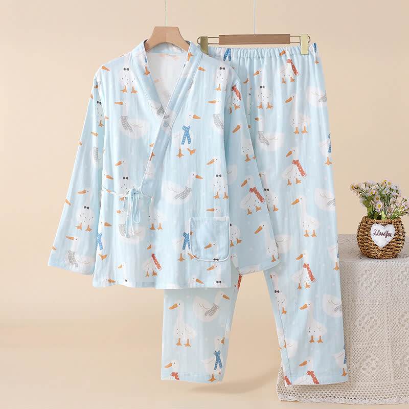 Cotton Gauze Cartoon Goose Kimono Pajamas