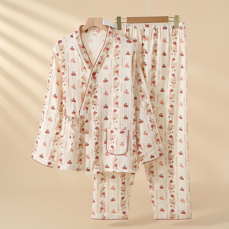 Cotton Gauze Cherry Mushroom Kimono Pajamas