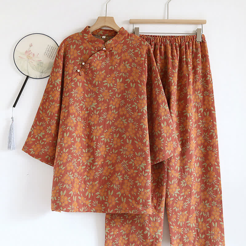 Orange Floral Jacquard Cotton Gauze  Pajamas