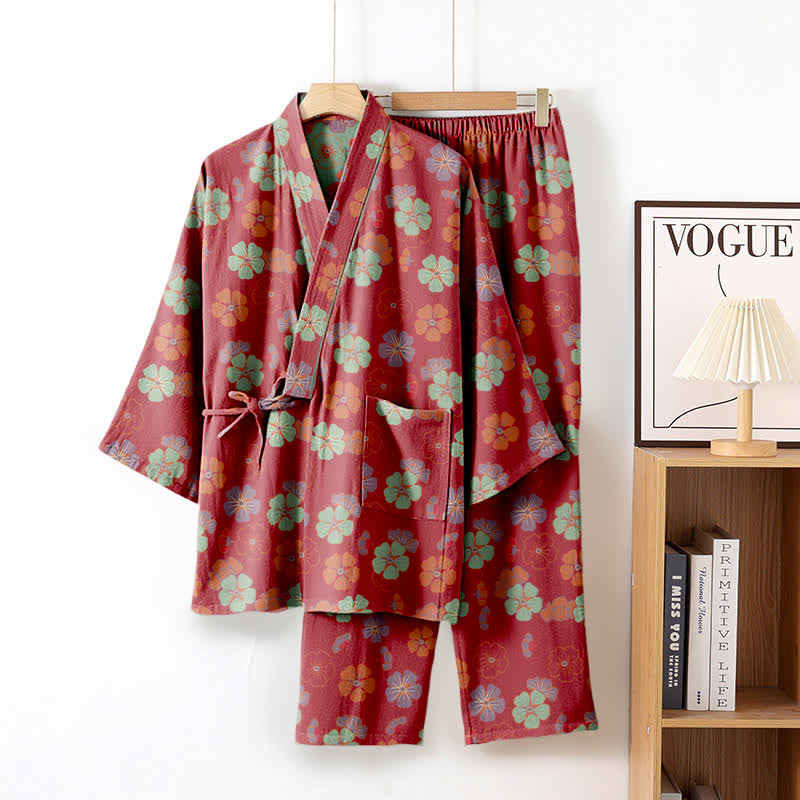 Plum Blossom Cotton Kimono Loungewear Set