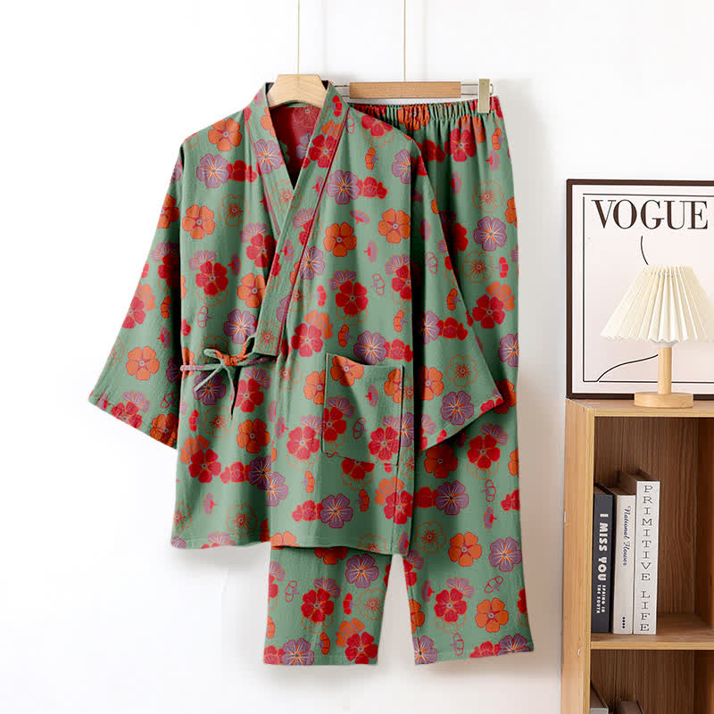 Plum Blossom Cotton Kimono Loungewear Set