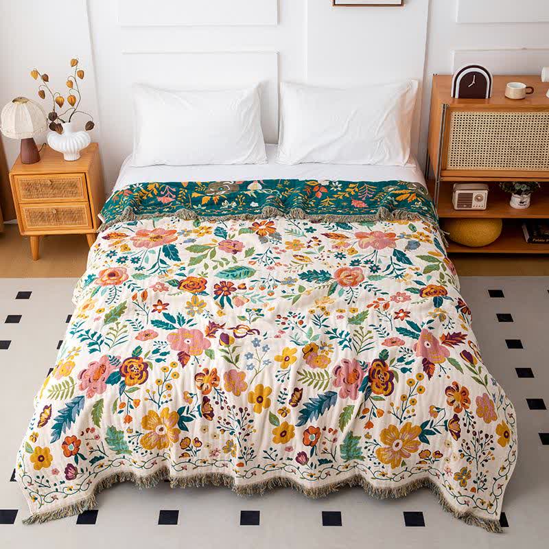 Colorful Flower Leaf Cotton Tassel Quilt
