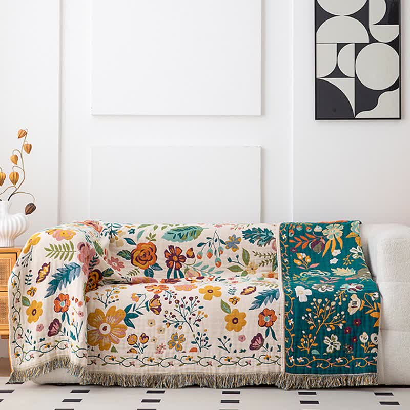 Colorful Flower Leaf Cotton Tassel Quilt