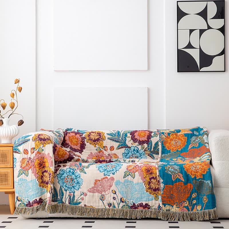 Colorful Luxurious Peony Cotton Tassel Quilt