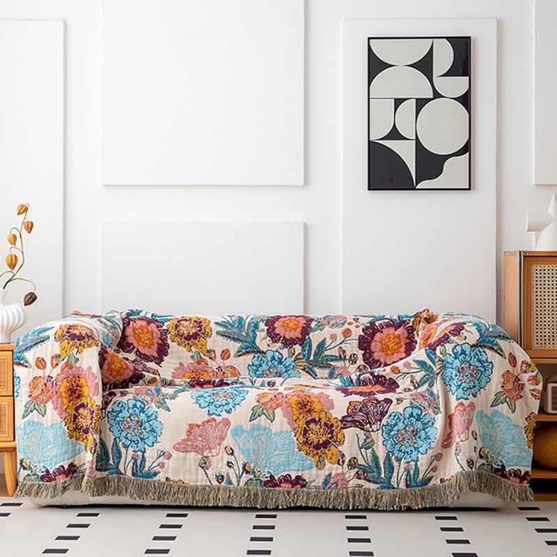 Colorful Luxurious Peony Cotton Tassel Quilt