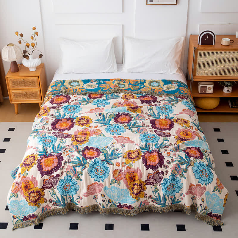 Colorful Luxurious Peony Cotton Tassel Quilt