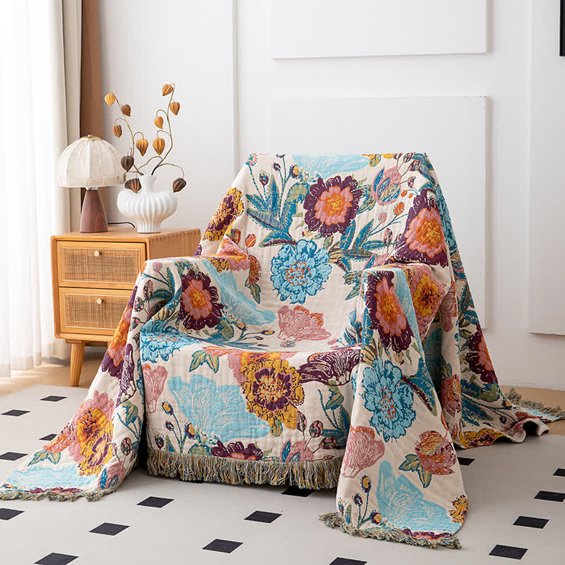 Colorful Luxurious Peony Cotton Tassel Quilt