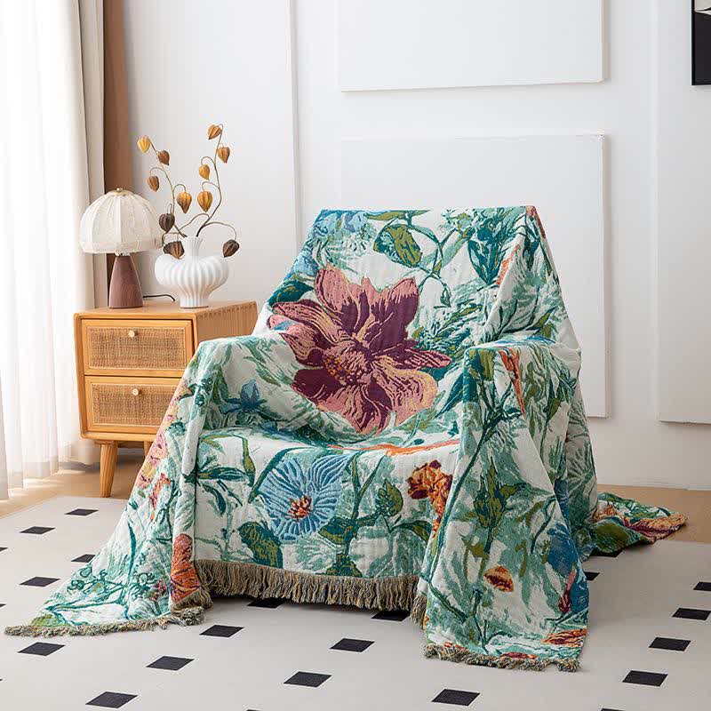 Green Field Flower Cotton Tassel Quilt