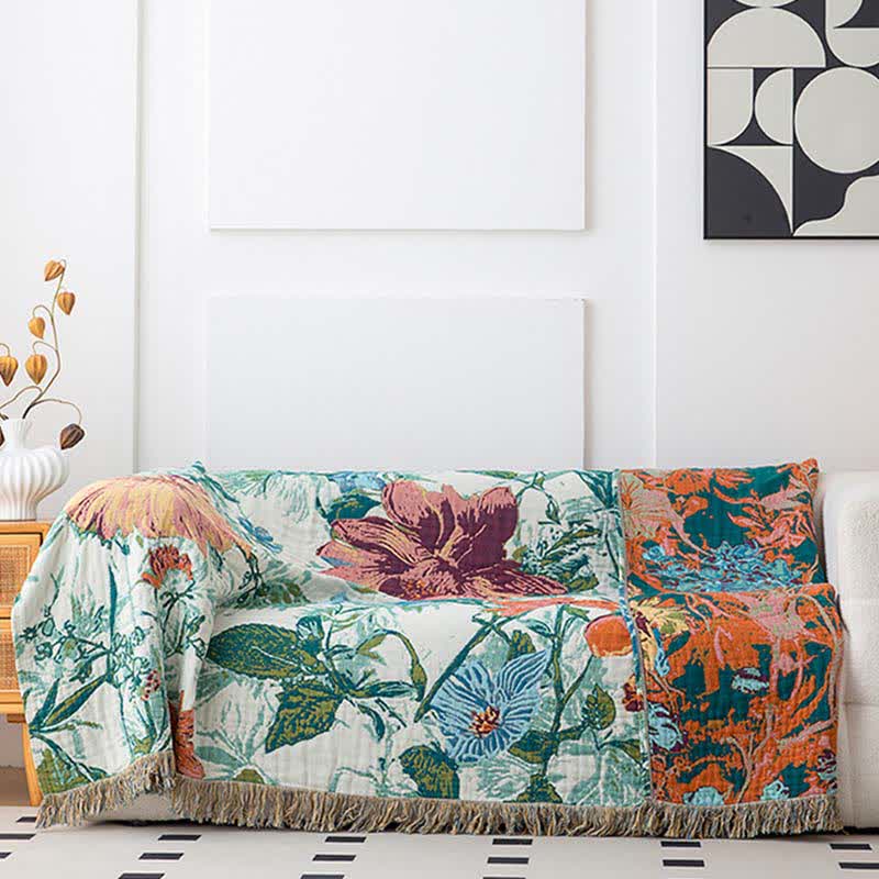 Green Field Flower Cotton Tassel Quilt