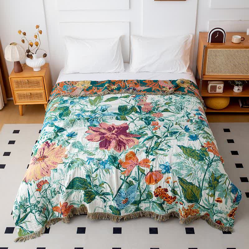 Green Field Flower Cotton Tassel Quilt