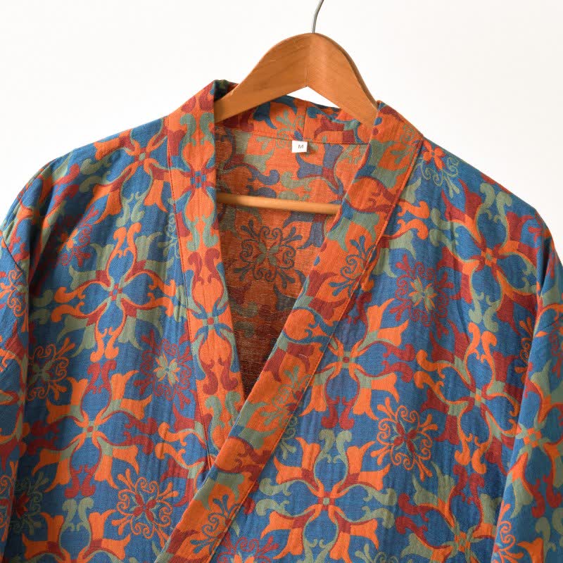 Retro Geometric Pattern Cotton Kimono Robe