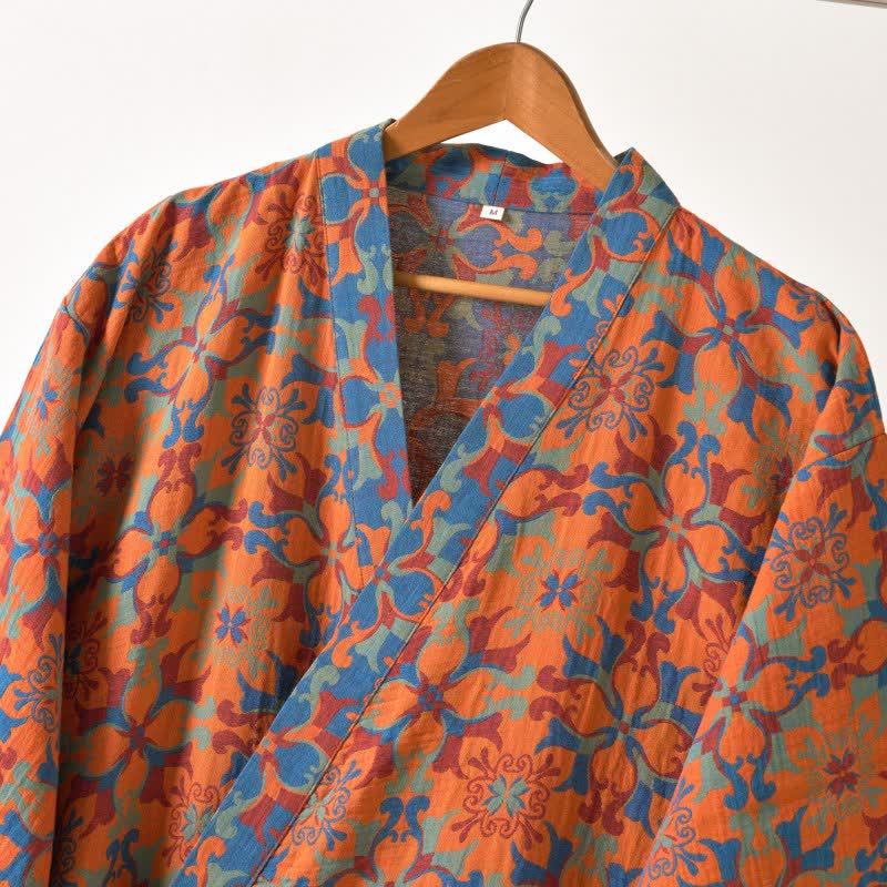 Retro Geometric Pattern Cotton Kimono Robe