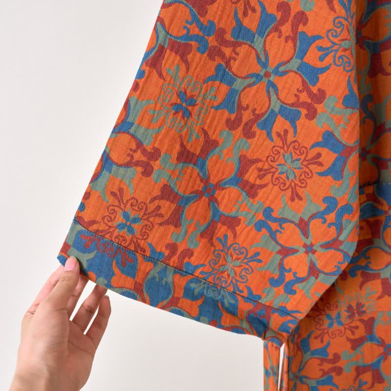 Retro Geometric Pattern Cotton Kimono Robe