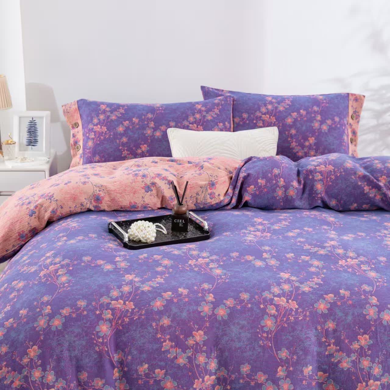Floral Cotton Gauze Reversible Bedding Set(4pcs)