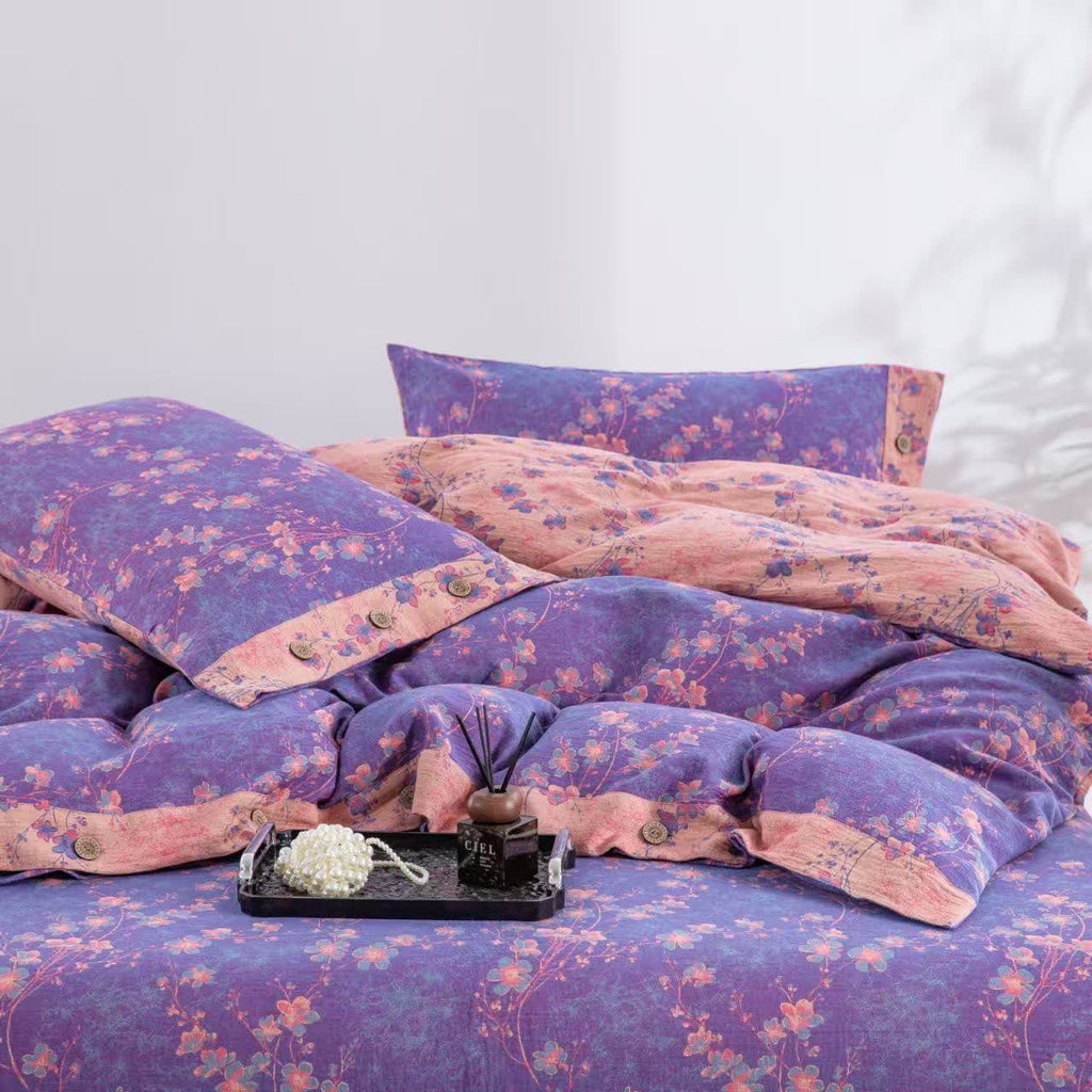 Floral Cotton Gauze Reversible Bedding Set(4pcs)