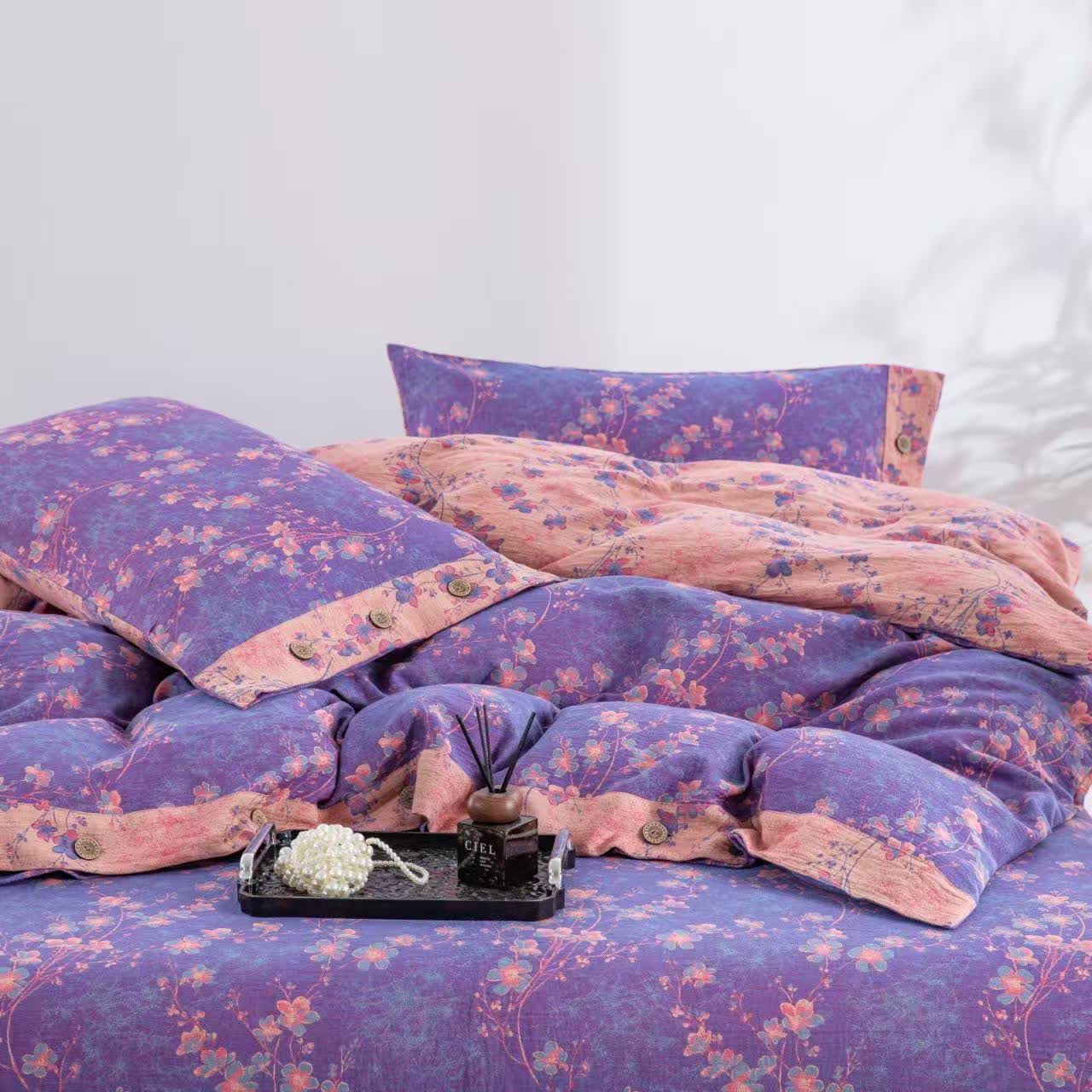 Floral Cotton Gauze Reversible Bedding Set(4pcs)