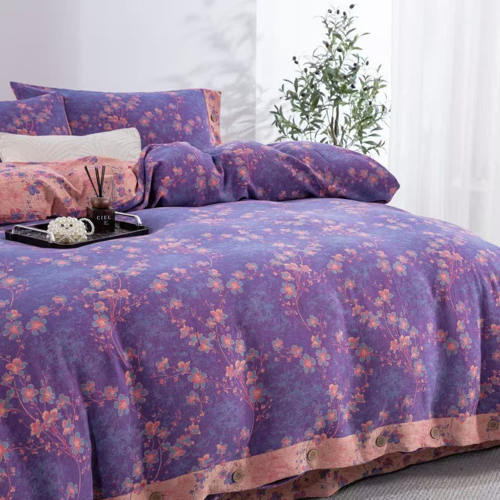 Floral Cotton Gauze Reversible Bedding Set(4pcs)