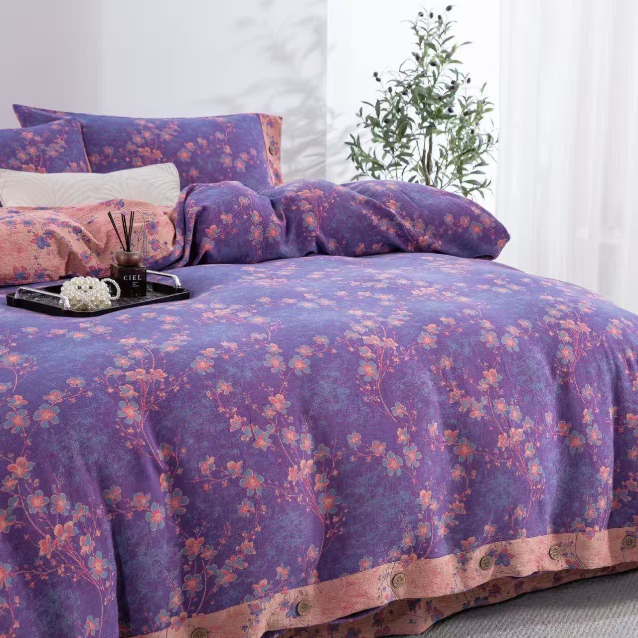 Floral Cotton Gauze Reversible Bedding Set(4pcs)
