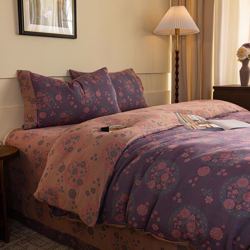 Purple Floral Cotton Gauze Bedding Set(4pcs)
