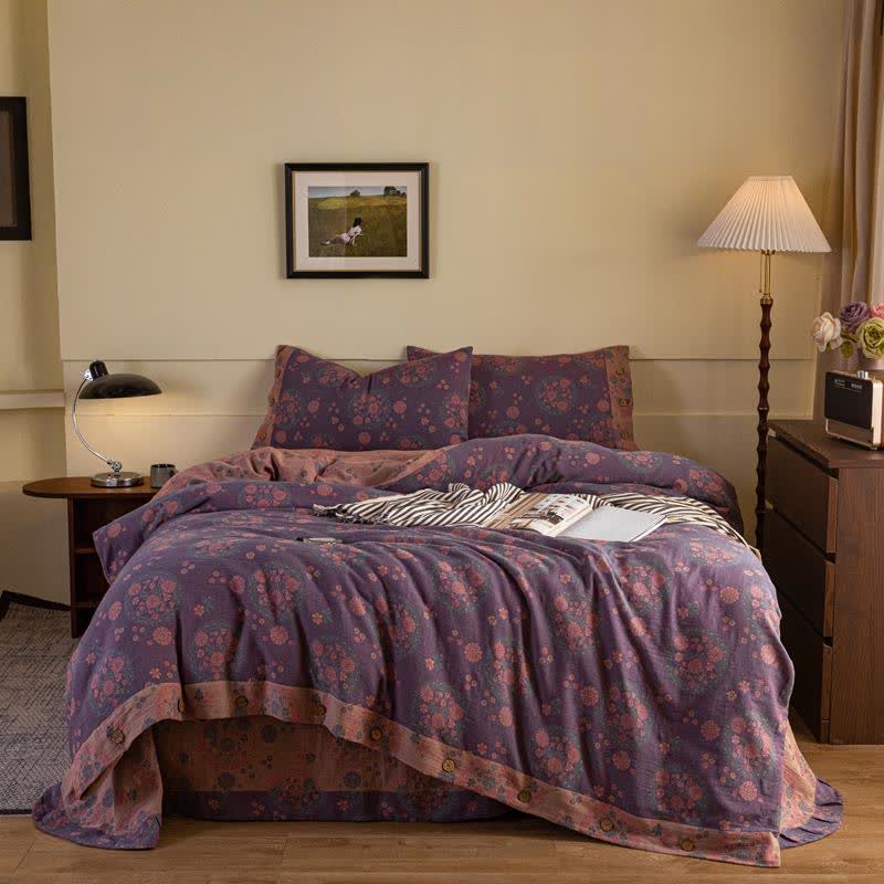Purple Floral Cotton Gauze Bedding Set(4pcs)