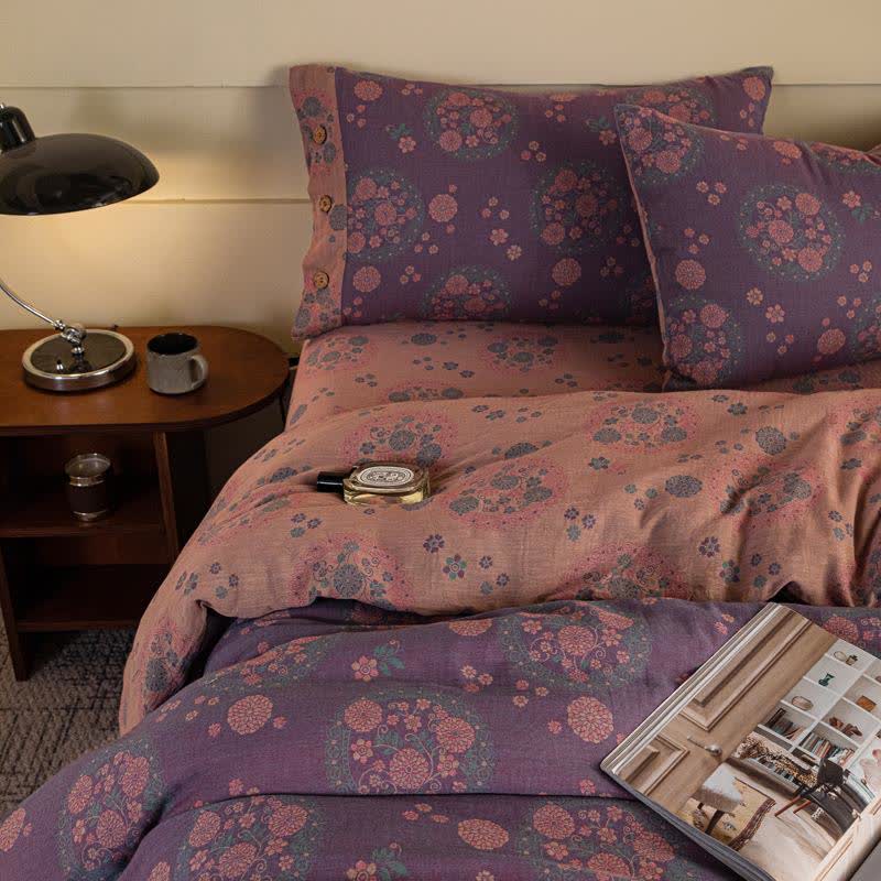 Purple Floral Cotton Gauze Bedding Set(4pcs)