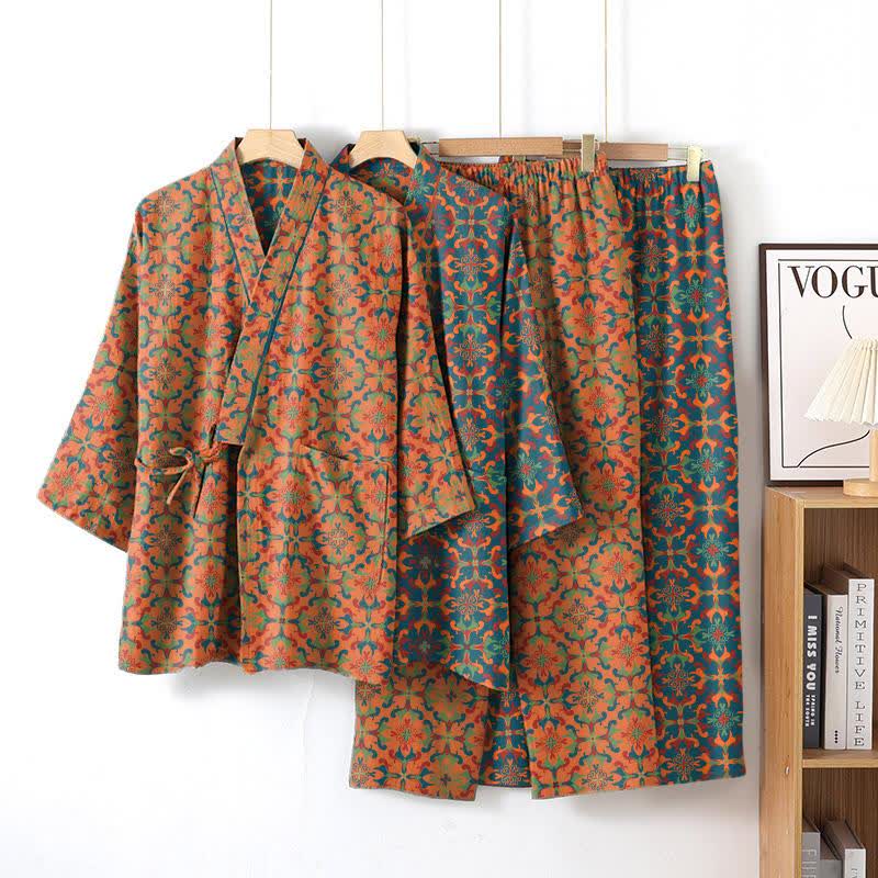 Geometric Pattern Cotton Kimono Loungewear Set