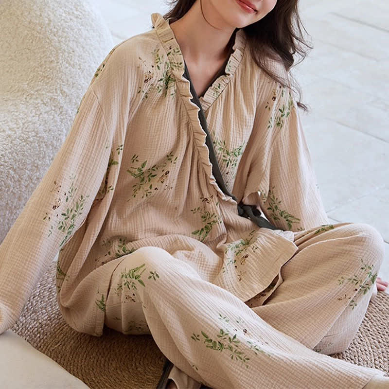 Botanical Leaf Kimono Loungewear Set