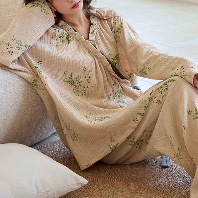 Botanical Leaf Kimono Loungewear Set